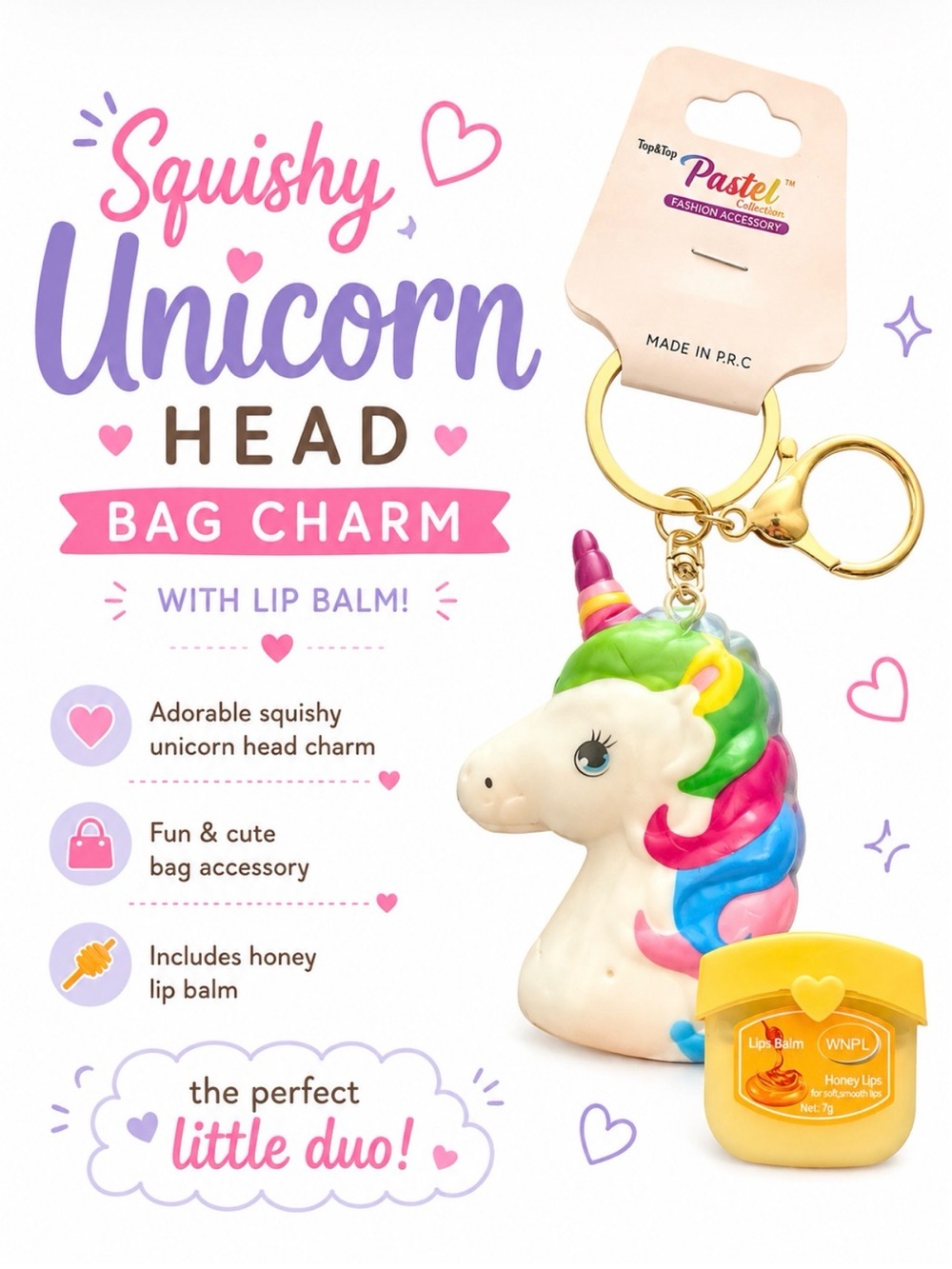 SQUISHY UNICORN HEAD KAWAII  BAG CHARM KEYCHAIN & LIP BALM SET